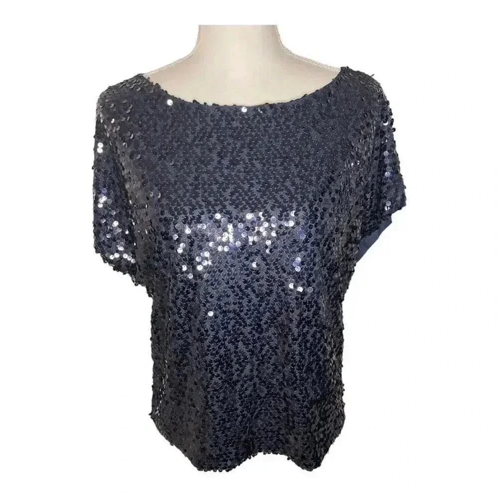 Jennifer Lopez Women’s Small Navy Short Sleeve Sequin Knit Dolman Top